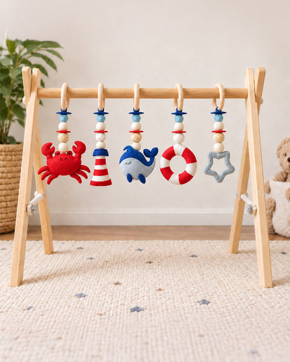 Babble Wrap Seaside Smiles Wooden Playgym-5 Nautical Inspired Hanging Toys-For Infants