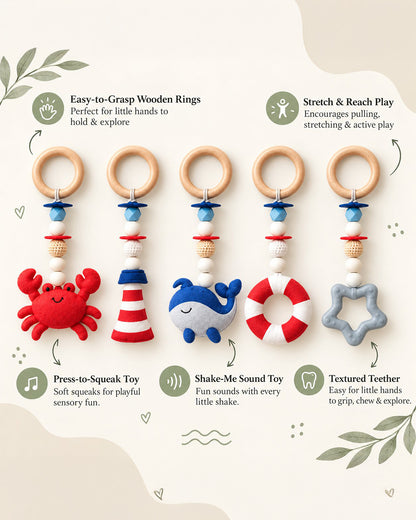 Babble Wrap Seaside Smiles Wooden Playgym-5 Nautical Inspired Hanging Toys-For Infants
