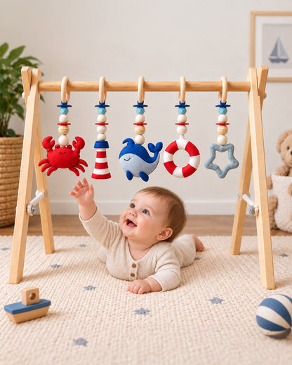 Babble Wrap Seaside Smiles Wooden Playgym-5 Nautical Inspired Hanging Toys-For Infants