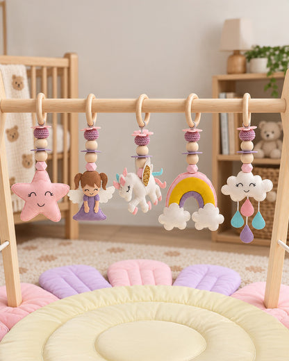 Babble Wrap Fairytale Dreams Unicorn Wooden Playgym with Mat-5 Fairytale Inspired Hanging Toys-For Infants