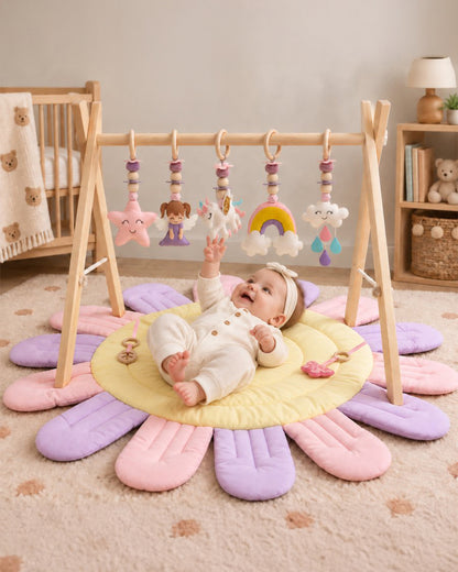 Babble Wrap Fairytale Dreams Unicorn Wooden Playgym with Mat-5 Fairytale Inspired Hanging Toys-For Infants