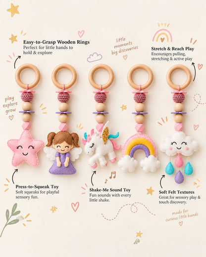 Babble Wrap Fairytale Dreams Unicorn Wooden Playgym with Mat-5 Fairytale Inspired Hanging Toys-For Infants