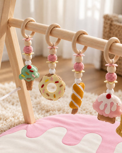 Babble Wrap Scoops of Joy Wooden Playgym with Mat-5 Dessert Inspired Hanging Toys-For Infants