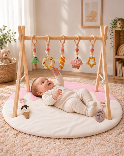 Babble Wrap Scoops of Joy Wooden Playgym with Mat-5 Dessert Inspired Hanging Toys-For Infants