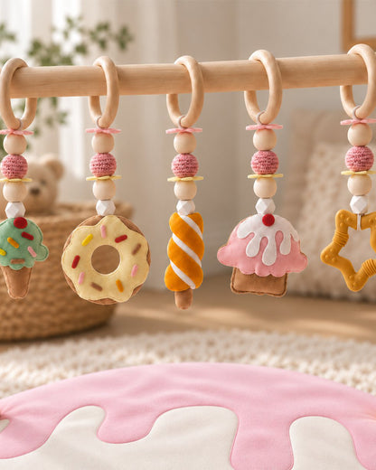 Babble Wrap Scoops of Joy Wooden Playgym with Mat-5 Dessert Inspired Hanging Toys-For Infants