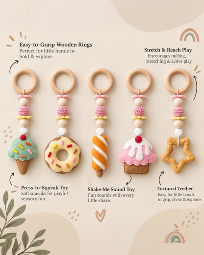 Babble Wrap Scoops of Joy Wooden Playgym with Mat-5 Dessert Inspired Hanging Toys-For Infants