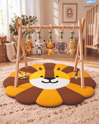 Babble Wrap Jungle Giggles Wooden Playgym with Mat-5 Jungle Animal Hanging Toys-For Infants