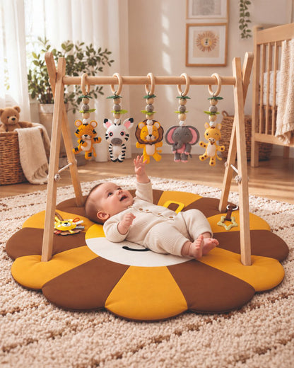 Babble Wrap Jungle Giggles Wooden Playgym with Mat-5 Jungle Animal Hanging Toys-For Infants