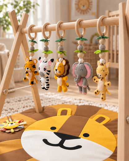 Babble Wrap Jungle Giggles Wooden Playgym with Mat-5 Jungle Animal Hanging Toys-For Infants