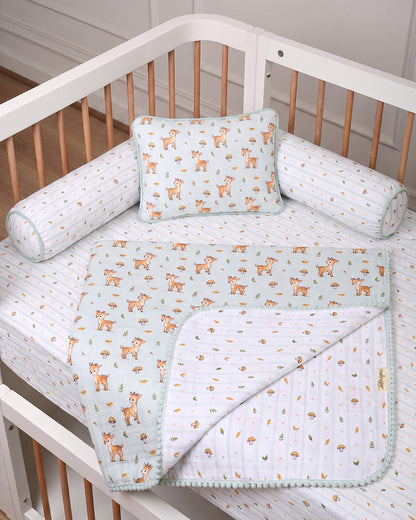 Twingle 100% Organic Muslin Fawnie Friends Baby Bedding Set-Pack of 5-Reversible Blanket, All-round Elastic Bedsheet, Pillow & Bolsters-Eco Certified Genesta baby safe Inks-White & Light Blue-For Infants