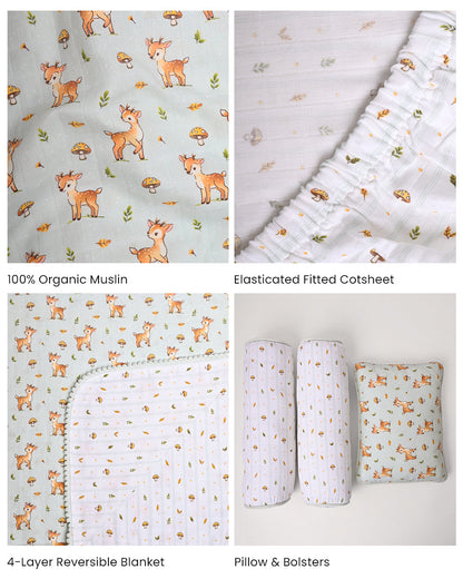 Twingle 100% Organic Muslin Fawnie Friends Baby Bedding Set-Pack of 5-Reversible Blanket, All-round Elastic Bedsheet, Pillow & Bolsters-Eco Certified Genesta baby safe Inks-White & Light Blue-For Infants