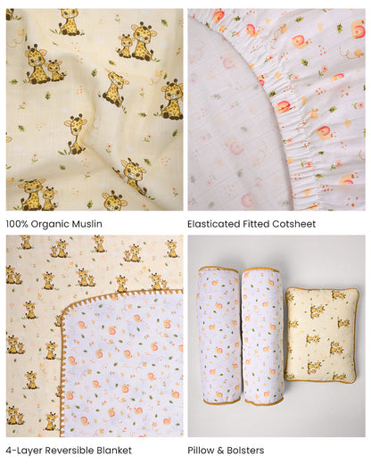 Twingle 100% Organic Muslin Giffy Garden Baby Bedding Set-Pack of 5-Reversible Blanket, All-round Elastic Bedsheet, Pillow & Bolsters-Eco Certified Genesta baby safe Inks-White & Cream-For Infants