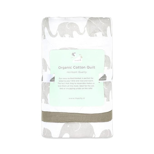 Masilo Elephant Parade Grey Baby Quilt-GOTS Certified Organic Cotton-For Infants