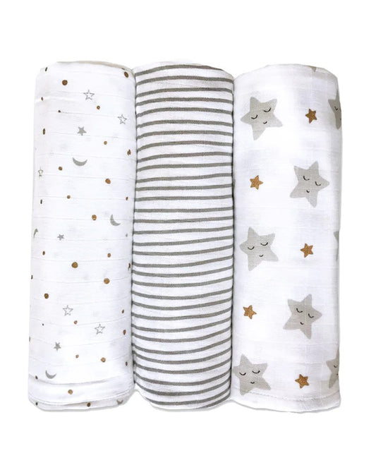 Masilo Sleepy Star Metallic Swaddle-GOTS Certified Organic Muslin Cotton-Pack of 3-Infant Wraps