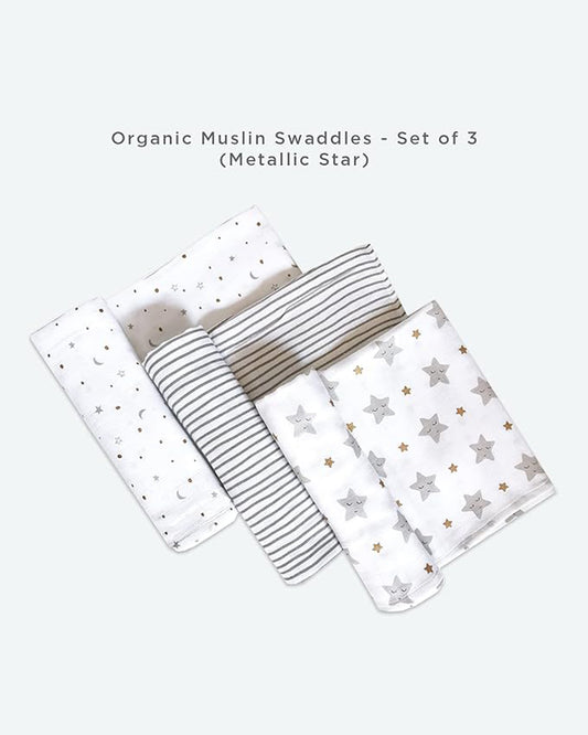 Masilo Sleepy Star Metallic Swaddle-GOTS Certified Organic Muslin Cotton-Pack of 3-Infant Wraps