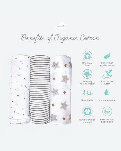 Masilo Sleepy Star Metallic Swaddle-GOTS Certified Organic Muslin Cotton-Pack of 3-Infant Wraps