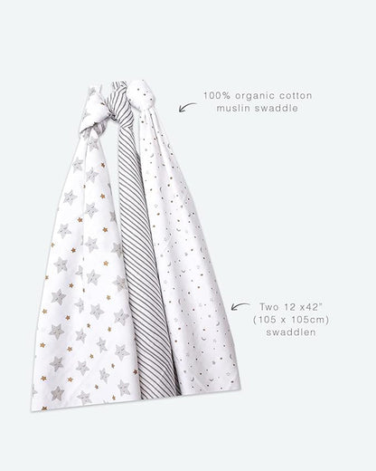 Masilo Sleepy Star Metallic Swaddle-GOTS Certified Organic Muslin Cotton-Pack of 3-Infant Wraps