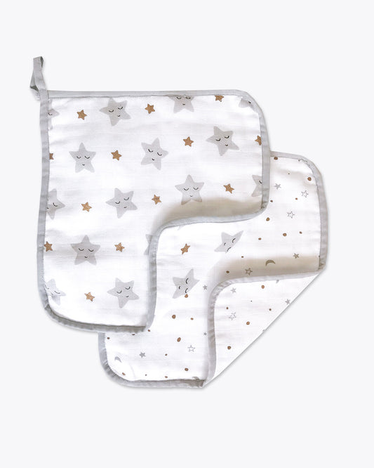 Masilo Organic Muslin Wash Cloths-Absorbent & Quick Drying-Sleepy Stars Metallic-Set of 2-For Infants