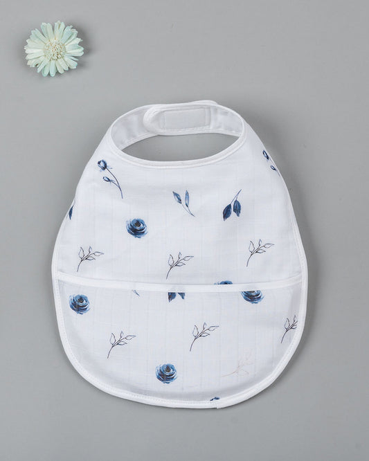 Kiddie Bunch 100% Organic Cotton-Blue Rose-Self Fastening Velcro-U Shaped Bib-For Infants