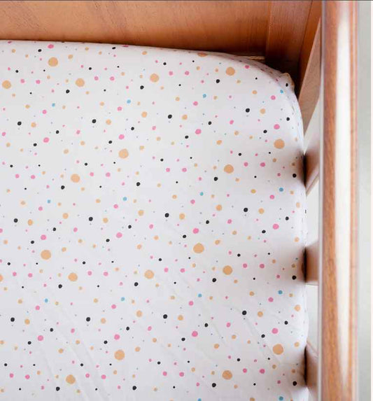 Kiddie Bunch Color Dots White Fitted Cot Bedsheet-100% Organic Cotton-For Infants