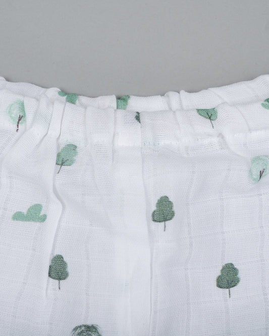 Kiddie Bunch White Shorts-Full Print-Green Grove-Muslin-For Infants