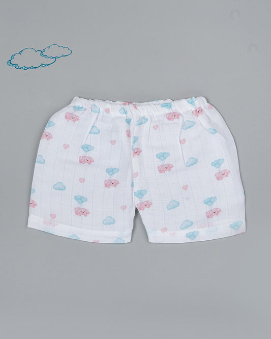 Kiddie Bunch White Shorts-Full Print-Flyin Pup-Muslin-For Infants