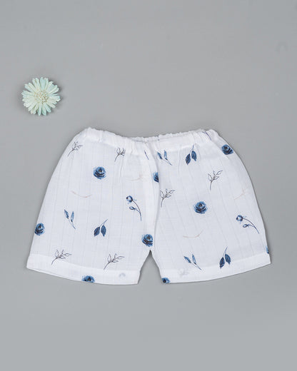 Kiddie Bunch White Shorts-Full Print-Blue Rose-Muslin-For Infants