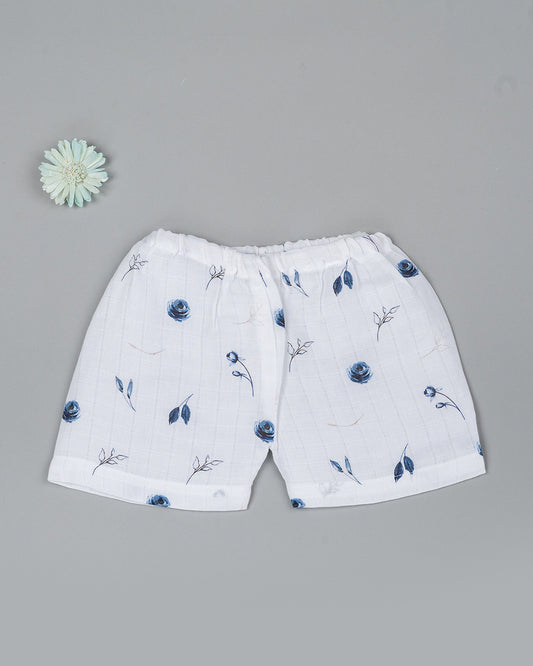 Kiddie Bunch White Shorts-Full Print-Blue Rose-Muslin-For Infants