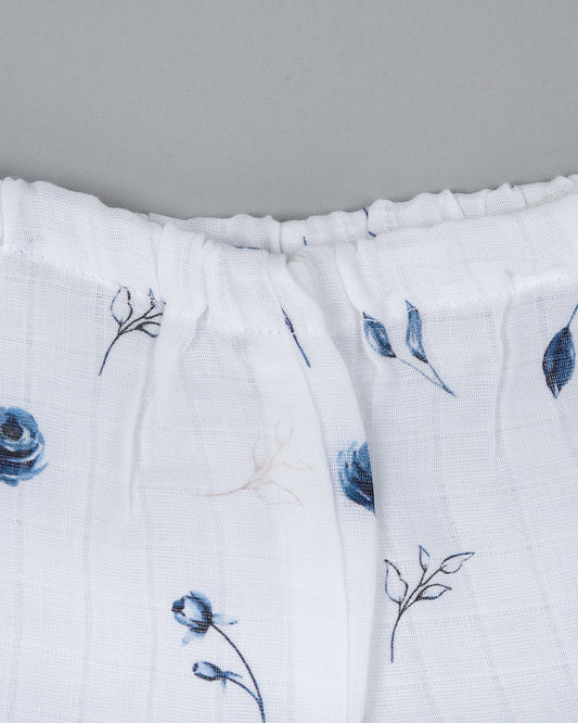 Kiddie Bunch White Shorts-Full Print-Blue Rose-Muslin-For Infants