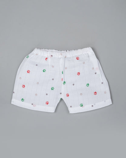 Kiddie Bunch White Shorts-Full Print-Paws-Muslin-For Infants