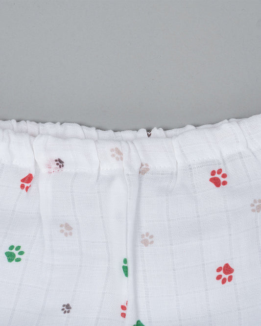 Kiddie Bunch White Shorts-Full Print-Paws-Muslin-For Infants