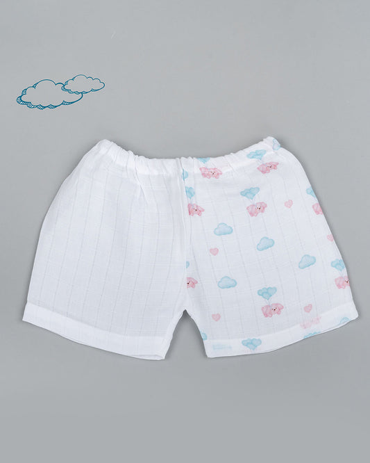 Kiddie Bunch White Shorts-Half Print-Flyin Pup-Muslin-For Infants