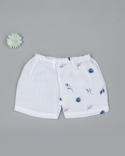 Kiddie Bunch White Shorts-Half Print-Blue Rose-Muslin-For Infants