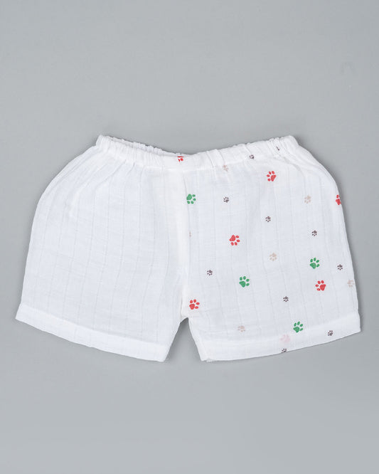 Kiddie Bunch White Shorts-Half Print-Paws-Muslin-For Infants