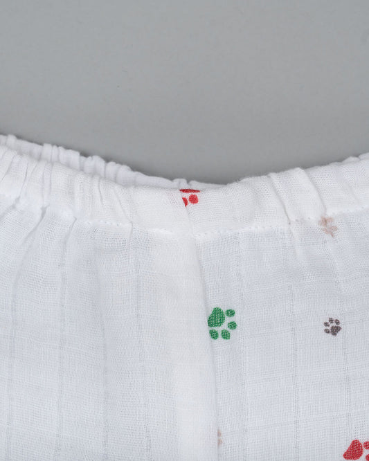 Kiddie Bunch White Shorts-Half Print-Paws-Muslin-For Infants