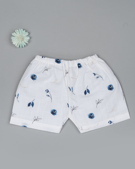 Kiddie Bunch White Shorts-Full Print-Blue Rose-Cotton-For Infants