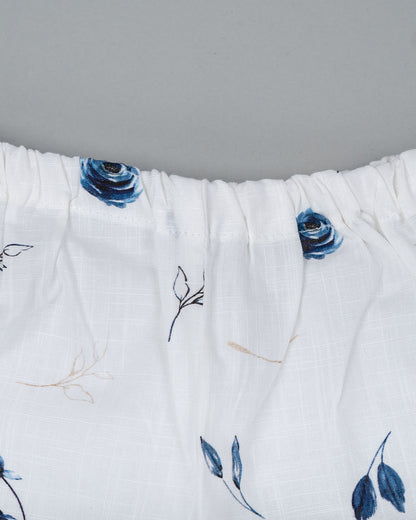 Kiddie Bunch White Shorts-Full Print-Blue Rose-Cotton-For Infants