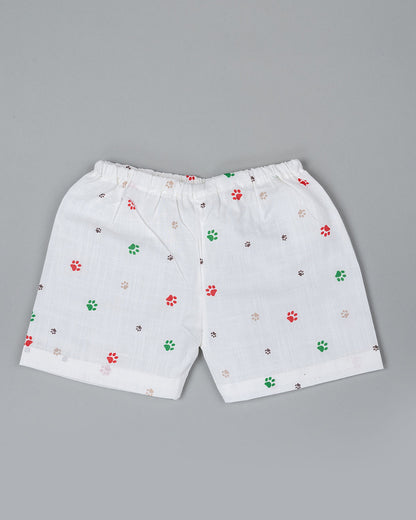 Kiddie Bunch White Shorts-Full Print-Paws-Cotton-For Infants