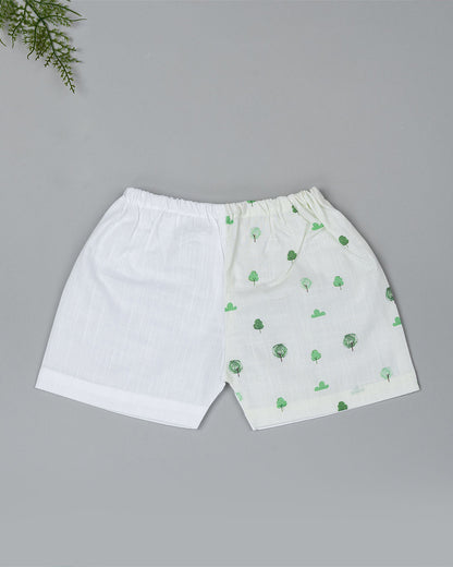 Kiddie Bunch White Shorts-Half Print-Green Grove-Cotton-For Infants