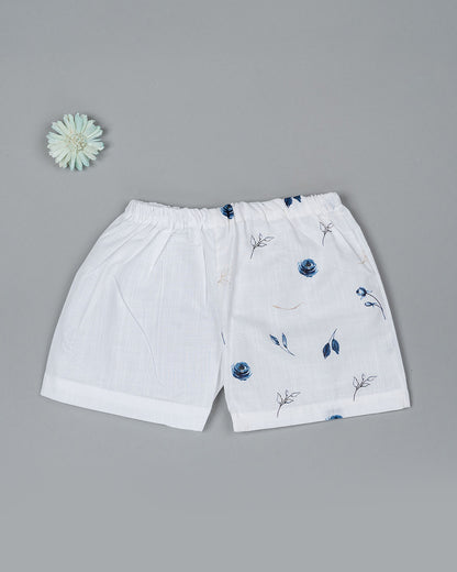 Kiddie Bunch White Shorts-Half Print-Blue Rose-Cotton-For Infants