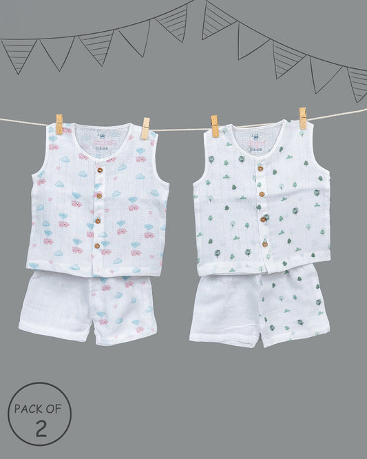 Kiddie Bunch Multicoloured Jhabla Set-Full Print-Cotton-Pack of 2-For Infants