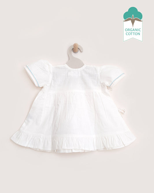 Keebee White Frock Dress-Snail Garden Embroidered-Flared-Organic Cotton-For Infants