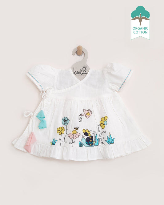 Keebee White Frock-Snail Garden Embroidered-Flared-Organic Cotton-For Infants