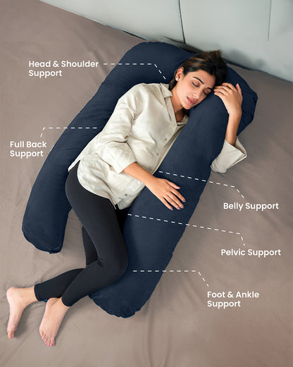 MY ARMOR U Shaped Pregnancy Pillow-Full Body-Navy Blue-Microfibre-Premium Velvet Outer Cover-For Maternity