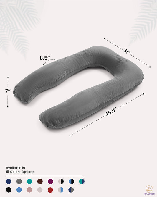 MY ARMOR U Shaped Pregnancy Pillow-Full Body-Grey-Microfibre-Premium Velvet Outer Cover-For Maternity