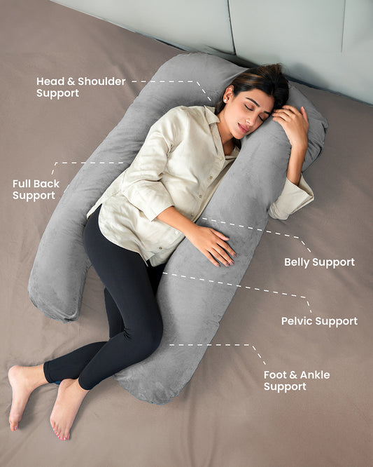 MY ARMOR U Shaped Pregnancy Pillow-Full Body-Grey-Microfibre-Premium Velvet Outer Cover-For Maternity