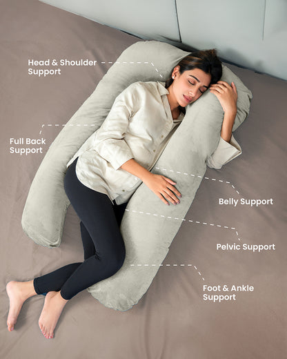 MY ARMOR U Shaped Pregnancy Pillow-Full Body-Cream-Microfibre-Premium Velvet Outer Cover-For Maternity