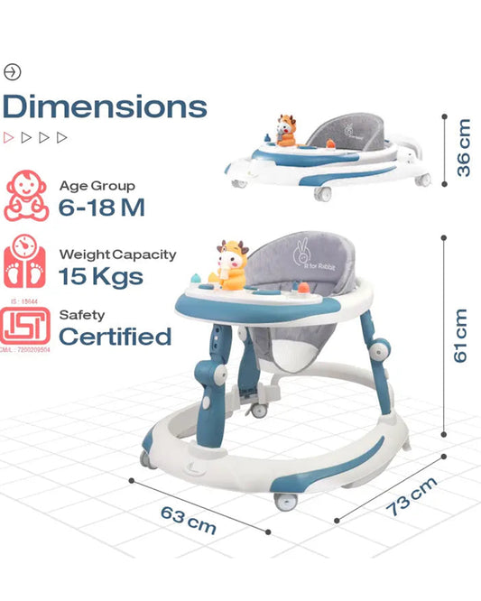 R for Rabbit Little Feet Plus Baby Walker-3 Level Height Adjustment-Converts to Rocker-6M to 18M (Upto 15Kg)-Blue