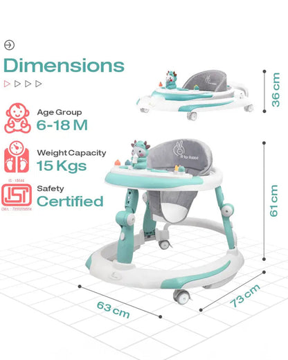 R for Rabbit Little Feet Plus Baby Walker-3 Level Height Adjustment-Converts to Rocker-6M to 18M (Upto 15Kg)-Green