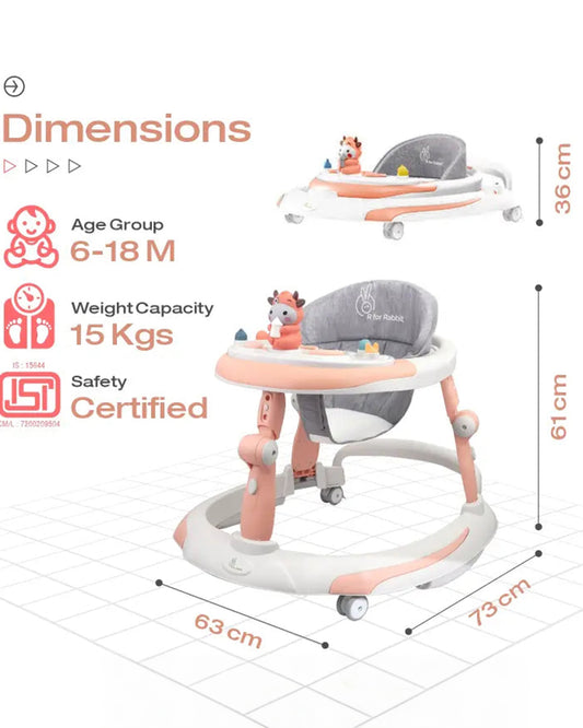 R for Rabbit Little Feet Plus Baby Walker-3 Level Height Adjustment-Converts to Rocker-6M to 18M (Upto 15Kg)-Pink